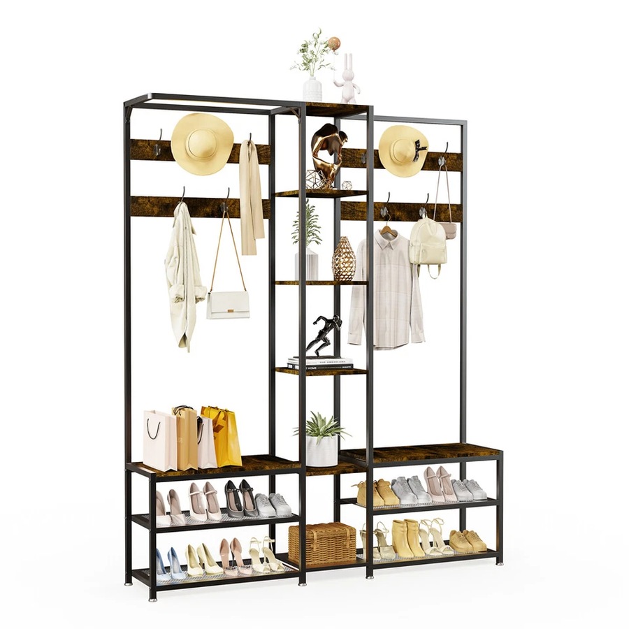 Fin Extra Large Corner Hall Tree With Shoe Rack Storage Bench Display Open Shelves