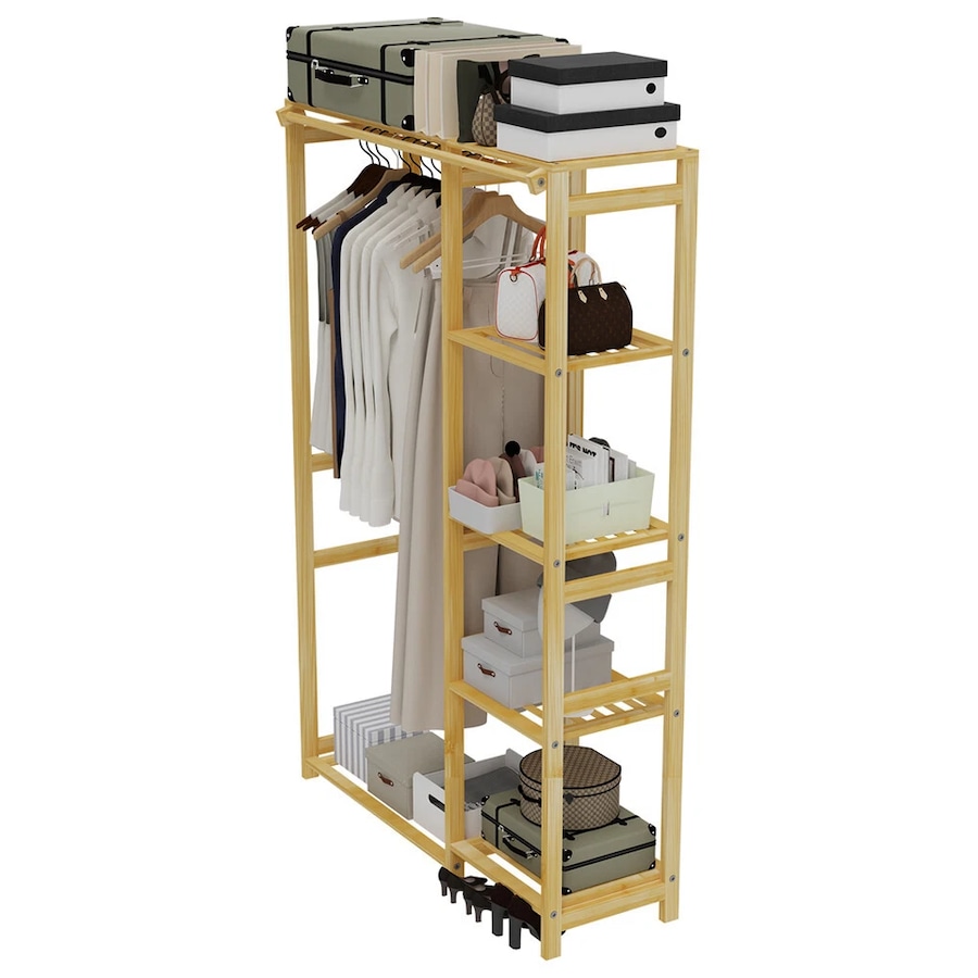 Fin Extra Large Solid Bamboo Garment Rack Freestanding Closet Wardrobe Clothing Rack