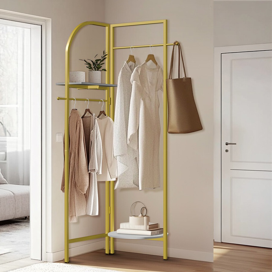 Fin Folding Metal Coat Stand Corner Garment Rack Clothes Rail Wall Hanging Shelf Au