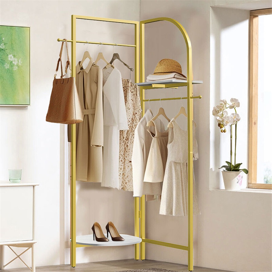 Fin Folding Metal Coat Stand Corner Garment Rack Clothes Rail Wall Hanging Shelf Au