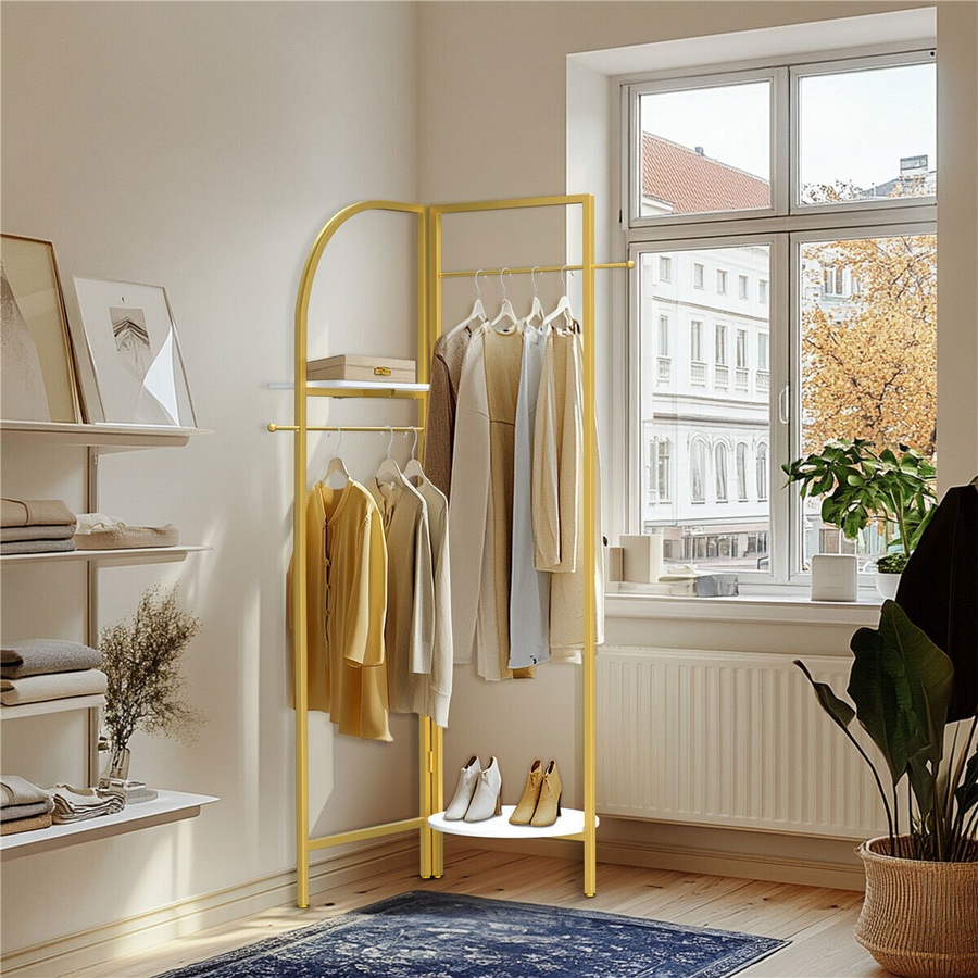 Fin Folding Metal Coat Stand Corner Garment Rack Clothes Rail Wall Hanging Shelf Au