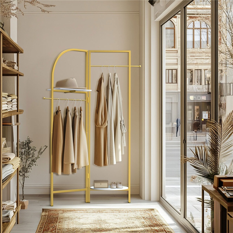 Fin Folding Metal Coat Stand Corner Garment Rack Clothes Rail Wall Hanging Shelf Au