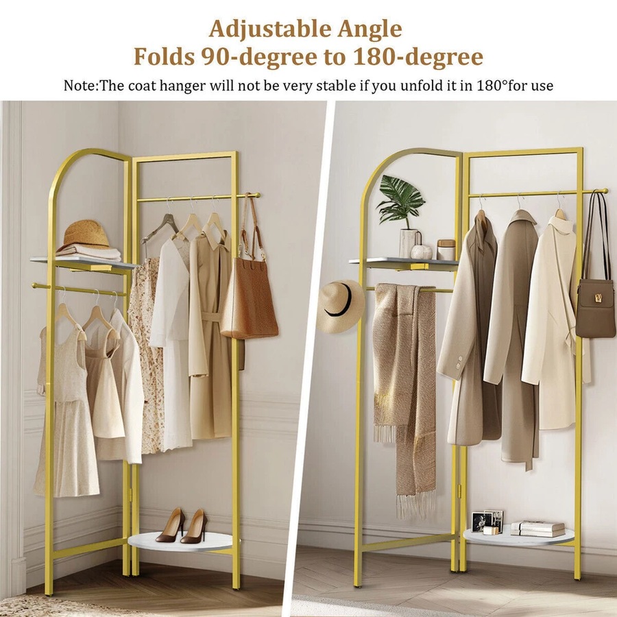 Fin Folding Metal Coat Stand Corner Garment Rack Clothes Rail Wall Hanging Shelf Au