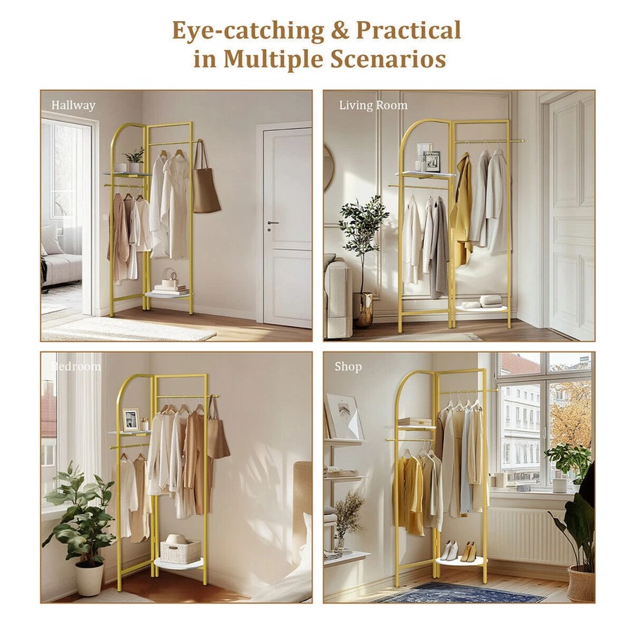 Fin Folding Metal Coat Stand Corner Garment Rack Clothes Rail Wall Hanging Shelf Au