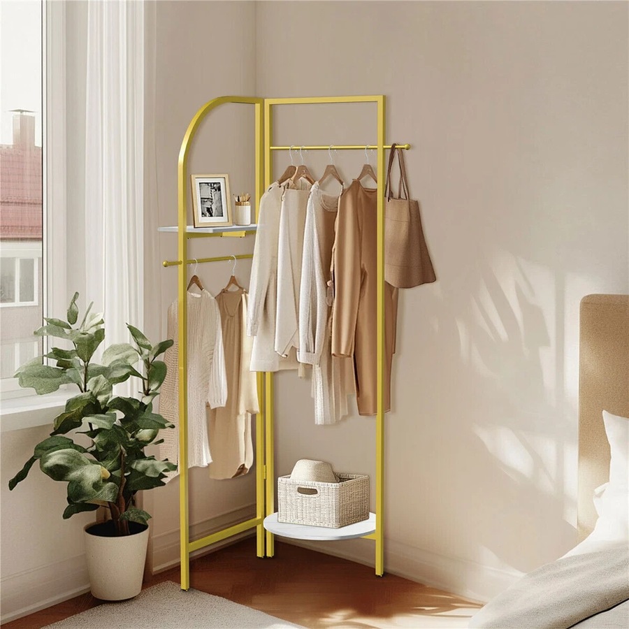 Fin Folding Metal Coat Stand Corner Garment Rack Clothes Rail Wall Hanging Shelf Au