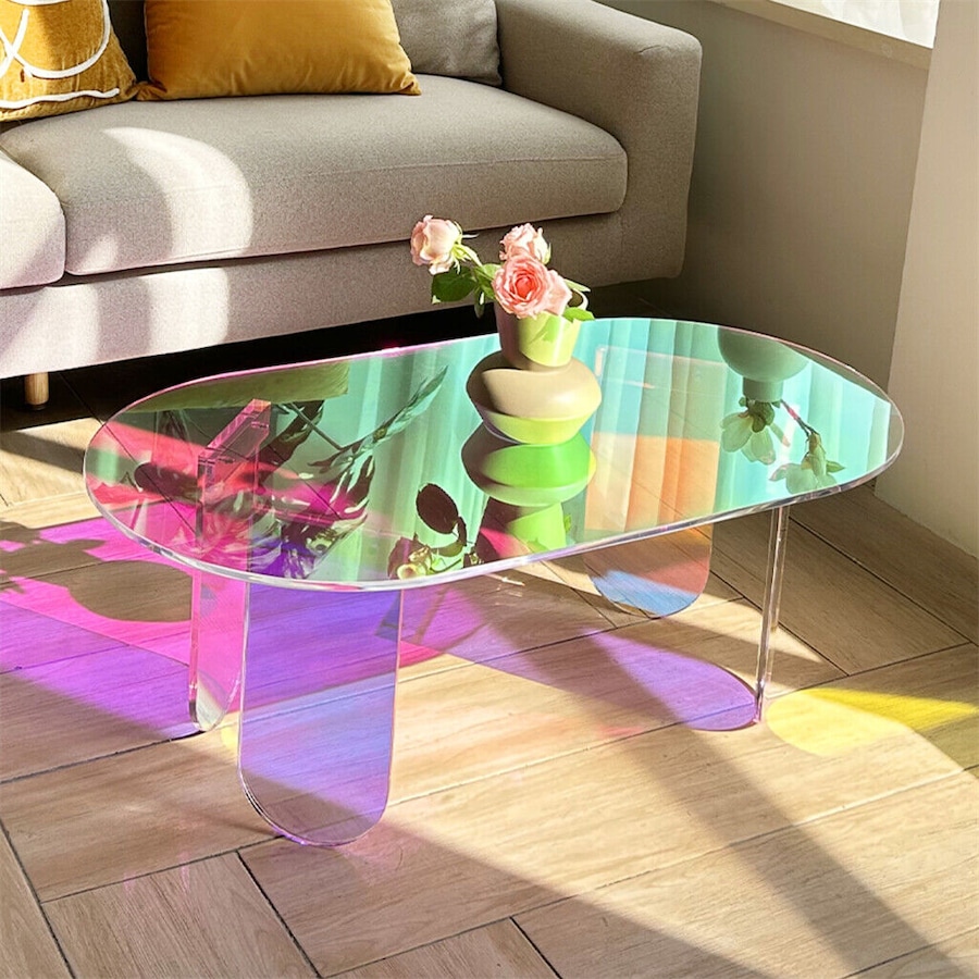 Fin Gorgeous Iridescent Acrylic Side Table Cool Rainbow Coffee Table Home Art Decor