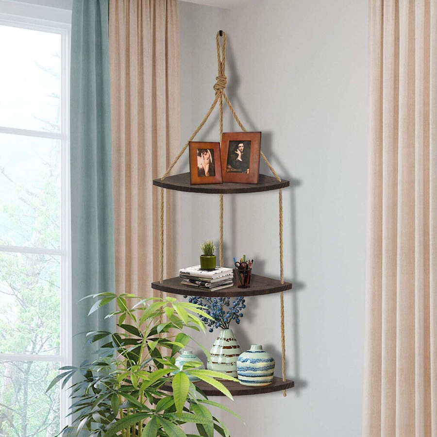 Buy Fin Hanging Wall Shelves Swing Rope Floating Shelf Corner Storage 3 ...