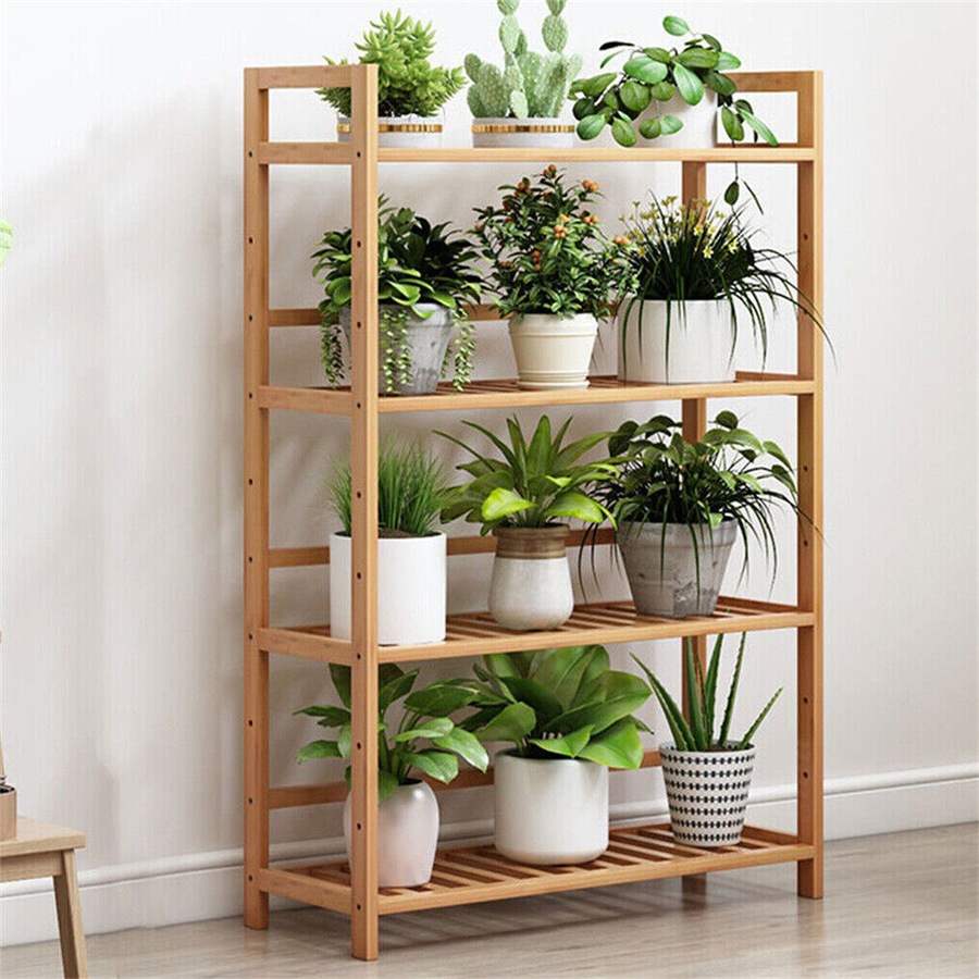 Fin Heavy Duty 4 Tier Bamboo Storage Shelf Organiser Unit Book Flower Plant Stand