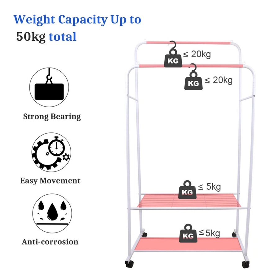 Buy Fin Mobile White Garment Rack Dual Clothes Rail Rolling Hanging ...