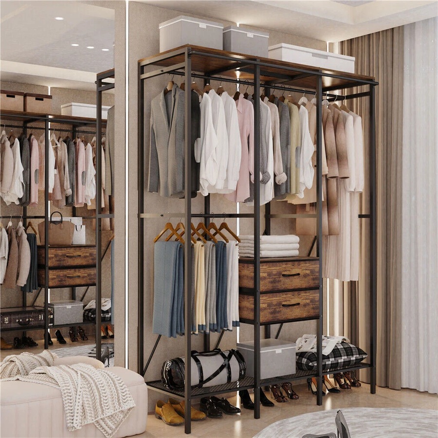 XL Industrial Open Wardrobe Clothes Storage Cabinet with Curtain and Drawers - Heavy Duty Garment Rack Closet