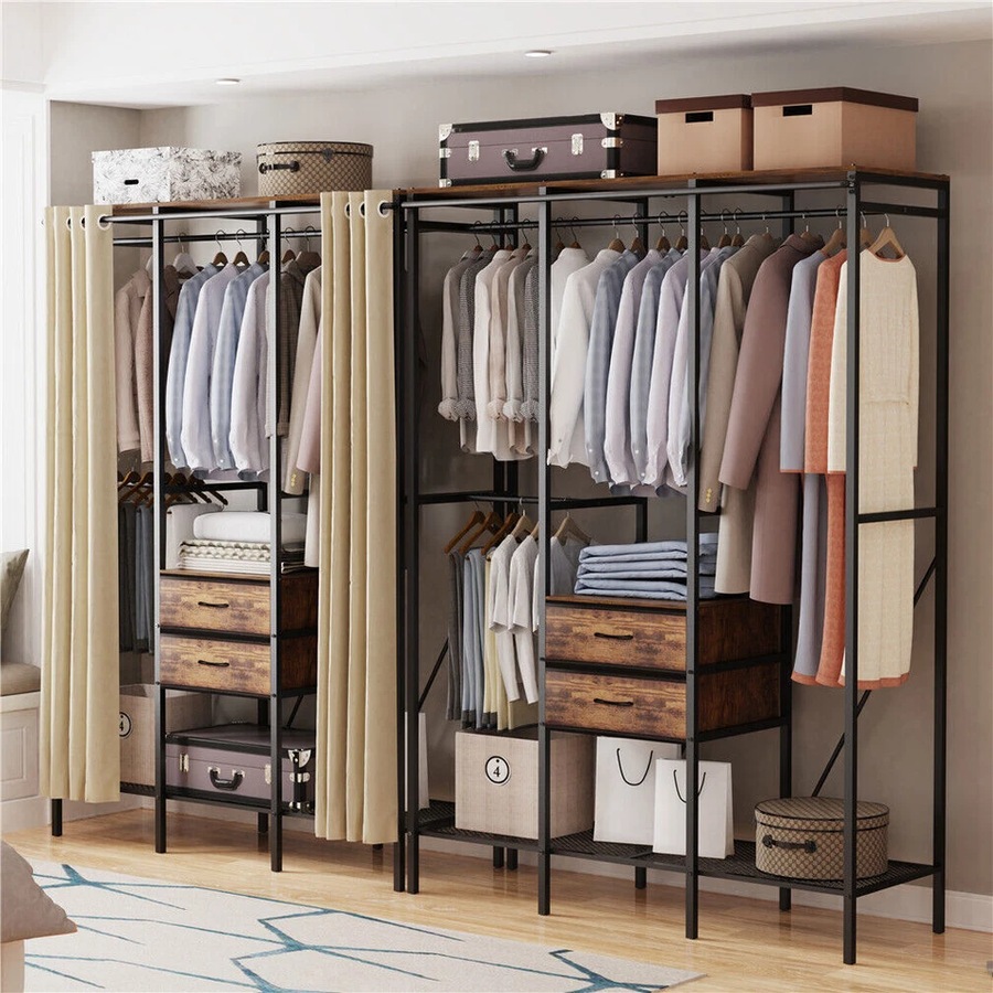 XL Industrial Open Wardrobe Clothes Storage Cabinet with Curtain and Drawers - Heavy Duty Garment Rack Closet