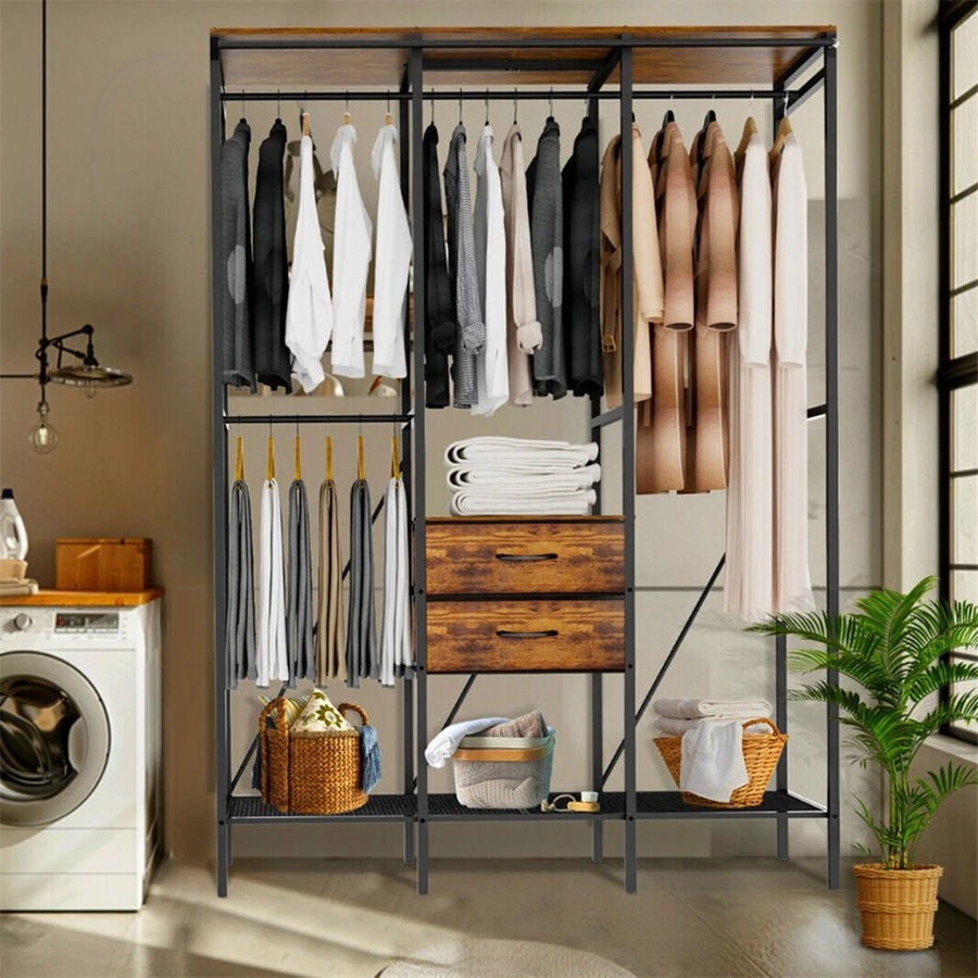 XL Industrial Open Wardrobe Clothes Storage Cabinet with Curtain and Drawers - Heavy Duty Garment Rack Closet