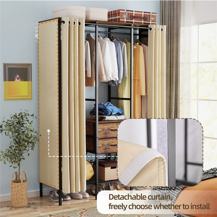XL Industrial Open Wardrobe Clothes Storage Cabinet with Curtain and Drawers - Heavy Duty Garment Rack Closet