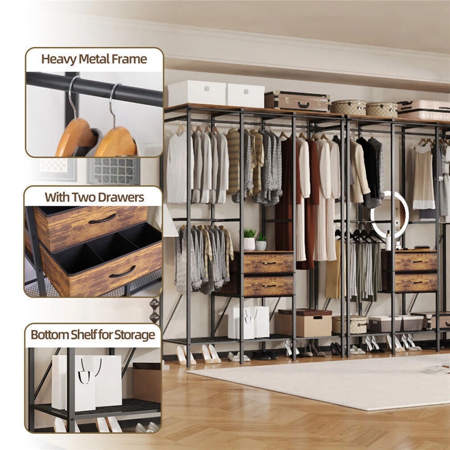 XL Industrial Open Wardrobe Clothes Storage Cabinet with Curtain and Drawers - Heavy Duty Garment Rack Closet