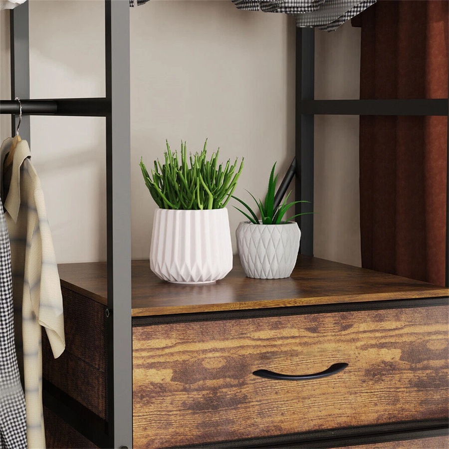 XL Industrial Open Wardrobe Clothes Storage Cabinet with Curtain and Drawers - Heavy Duty Garment Rack Closet