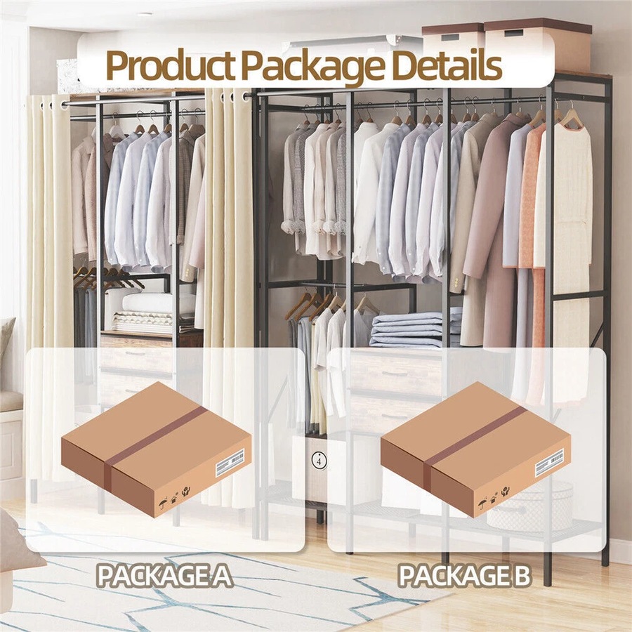 XL Industrial Open Wardrobe Clothes Storage Cabinet with Curtain and Drawers - Heavy Duty Garment Rack Closet