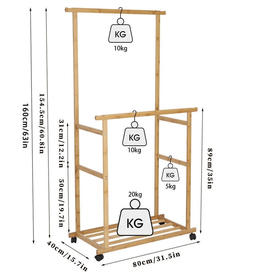 Buy Fin Tall Double Rod Garment Rack Freestanding Rolling Clothes Rack ...