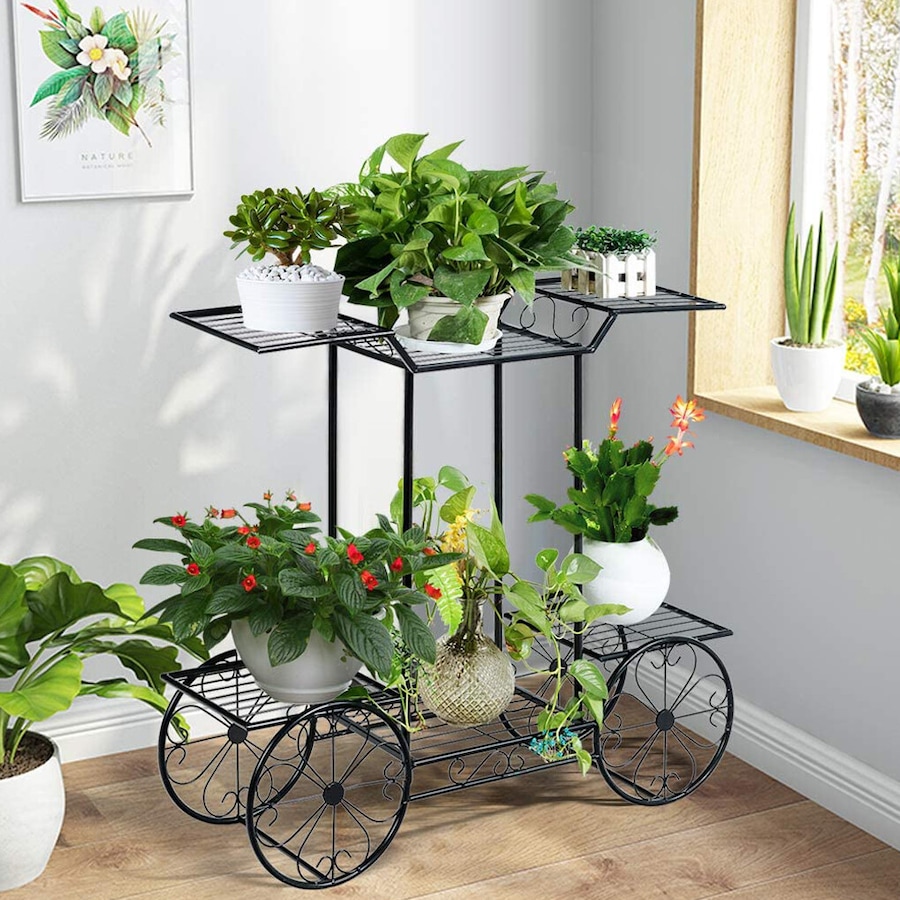 Flower Cart Metal Garden Plant Stand with 4 Decorative Wheels for Indoor Outdoor
