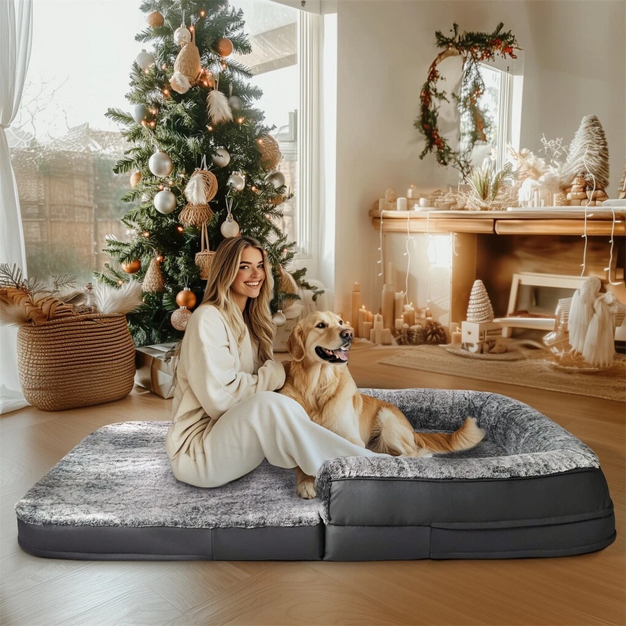 FIN Giant Human-Size Dog Bed Foldable Calming Pet Dog Bed with Washable Plush Cover