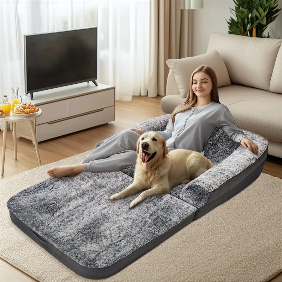 FIN Giant Human-Size Dog Bed Foldable Calming Pet Dog Bed with Washable Plush Cover
