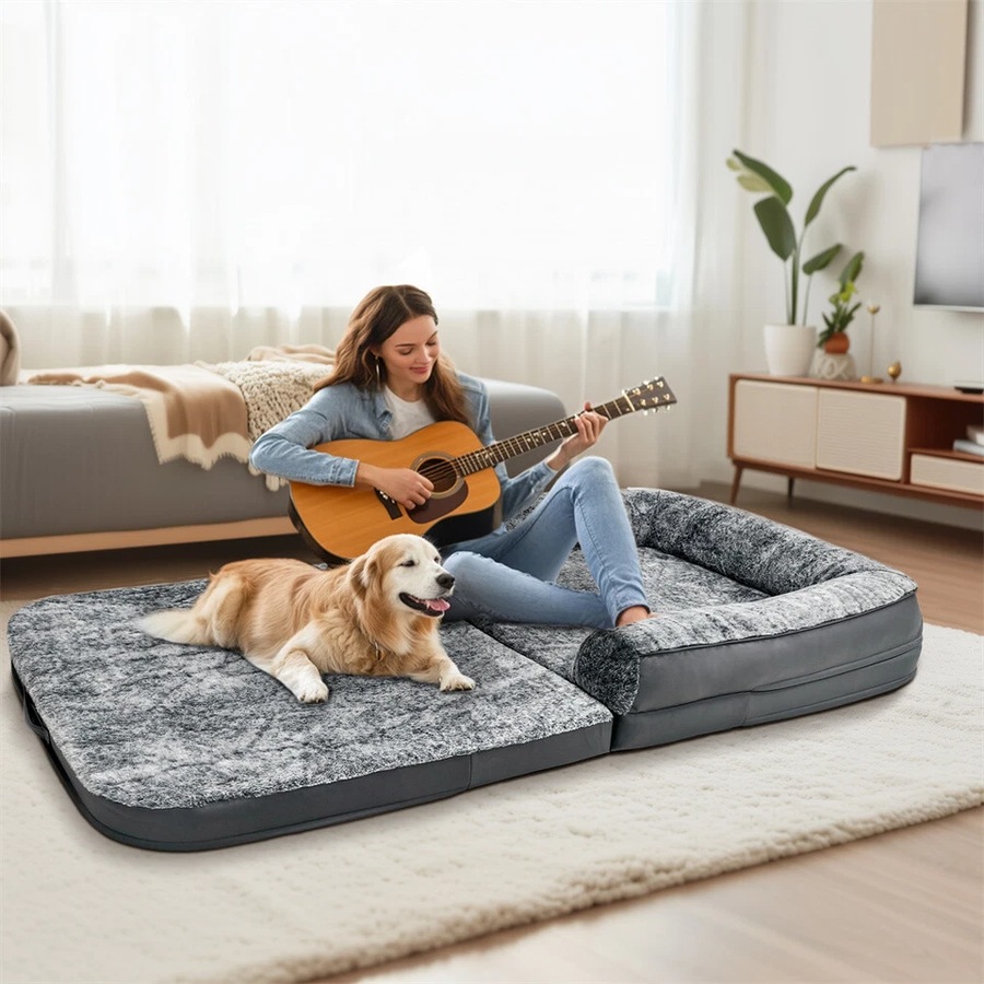 FIN Giant Human-Size Dog Bed Foldable Calming Pet Dog Bed with Washable Plush Cover