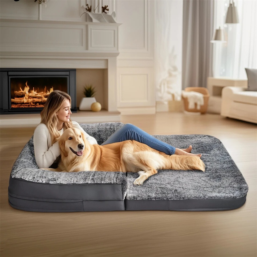 FIN Giant Human-Size Dog Bed Foldable Calming Pet Dog Bed with Washable Plush Cover