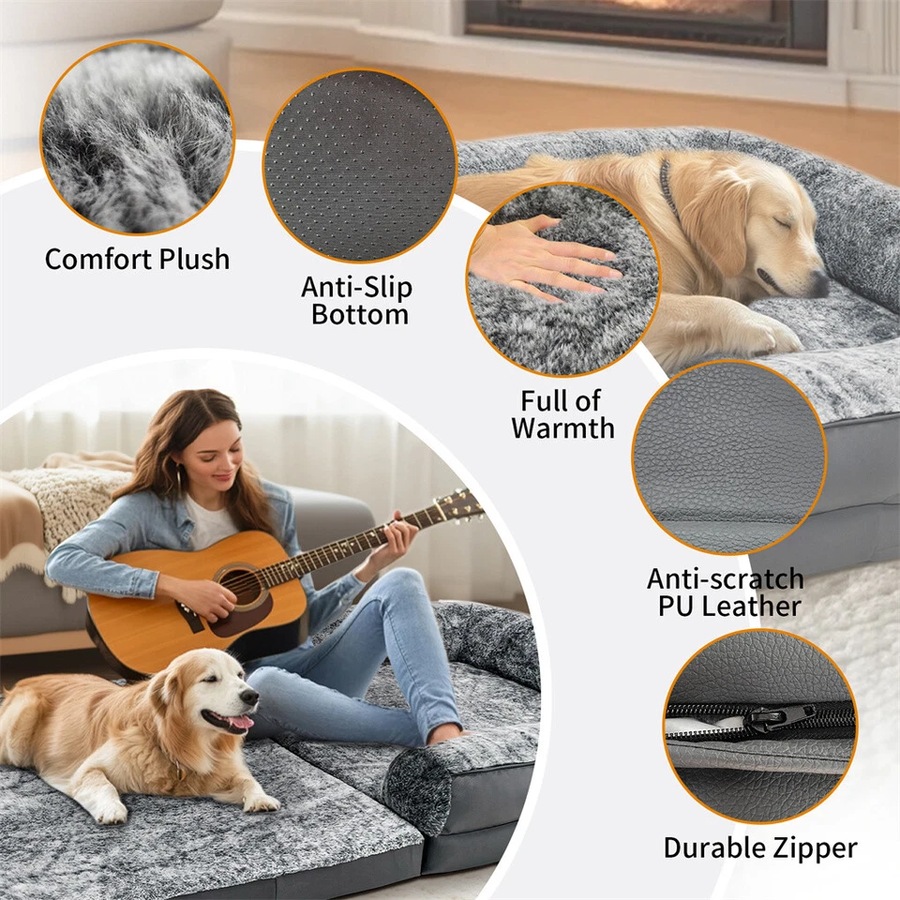 FIN Giant Human-Size Dog Bed Foldable Calming Pet Dog Bed with Washable Plush Cover