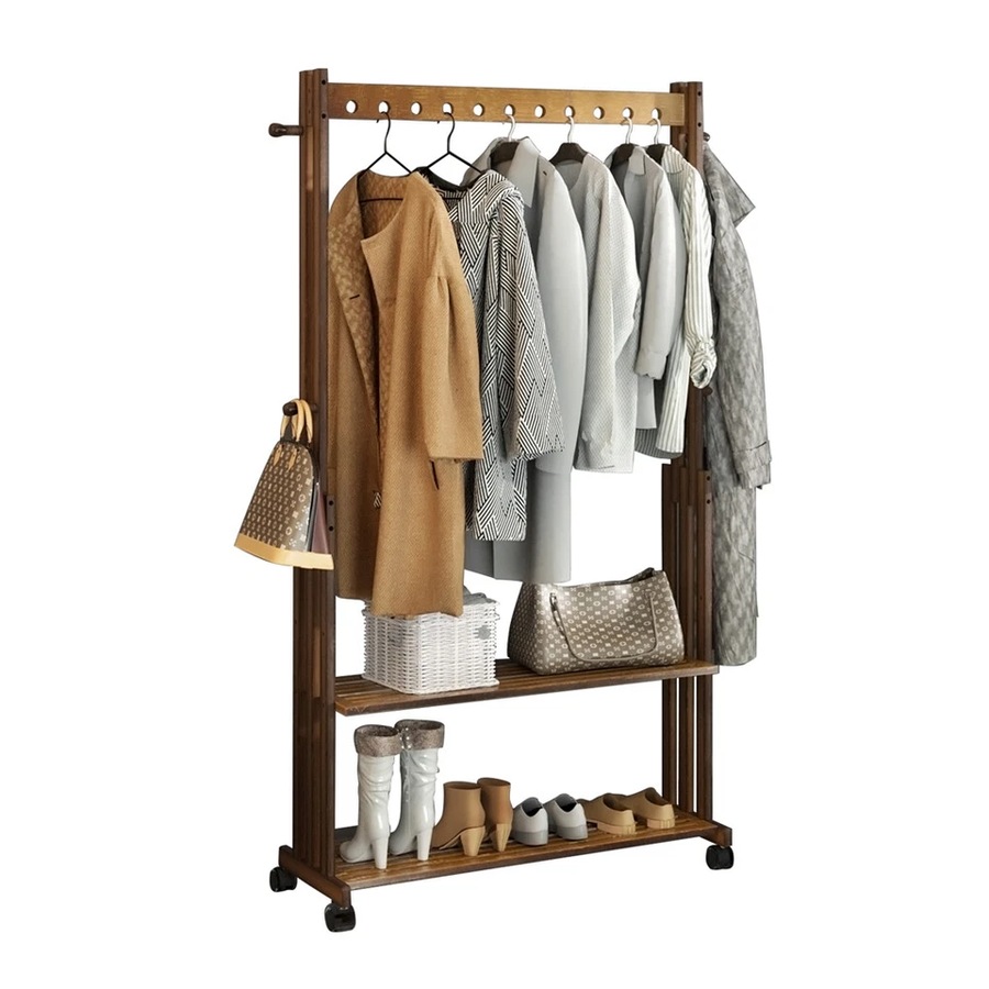 Heavy Duty Bamboo Garment Rack Retail Display Clothing Rack With Wheels and Side Hook