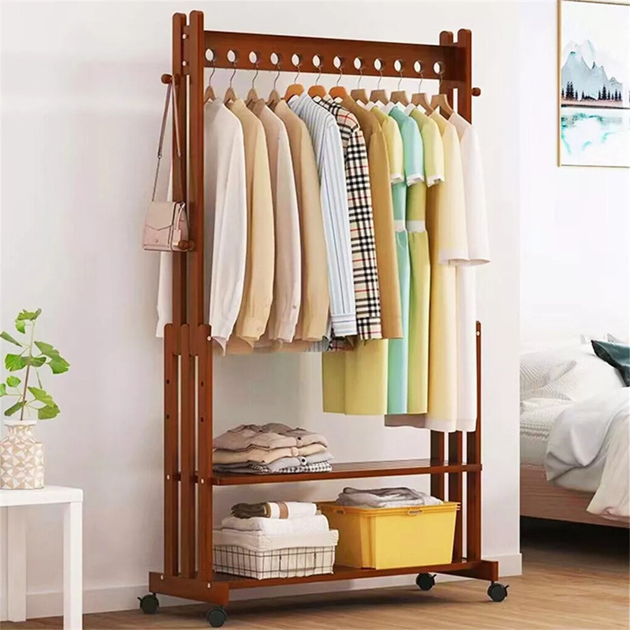 Heavy Duty Bamboo Garment Rack Retail Display Clothing Rack With Wheels and Side Hook