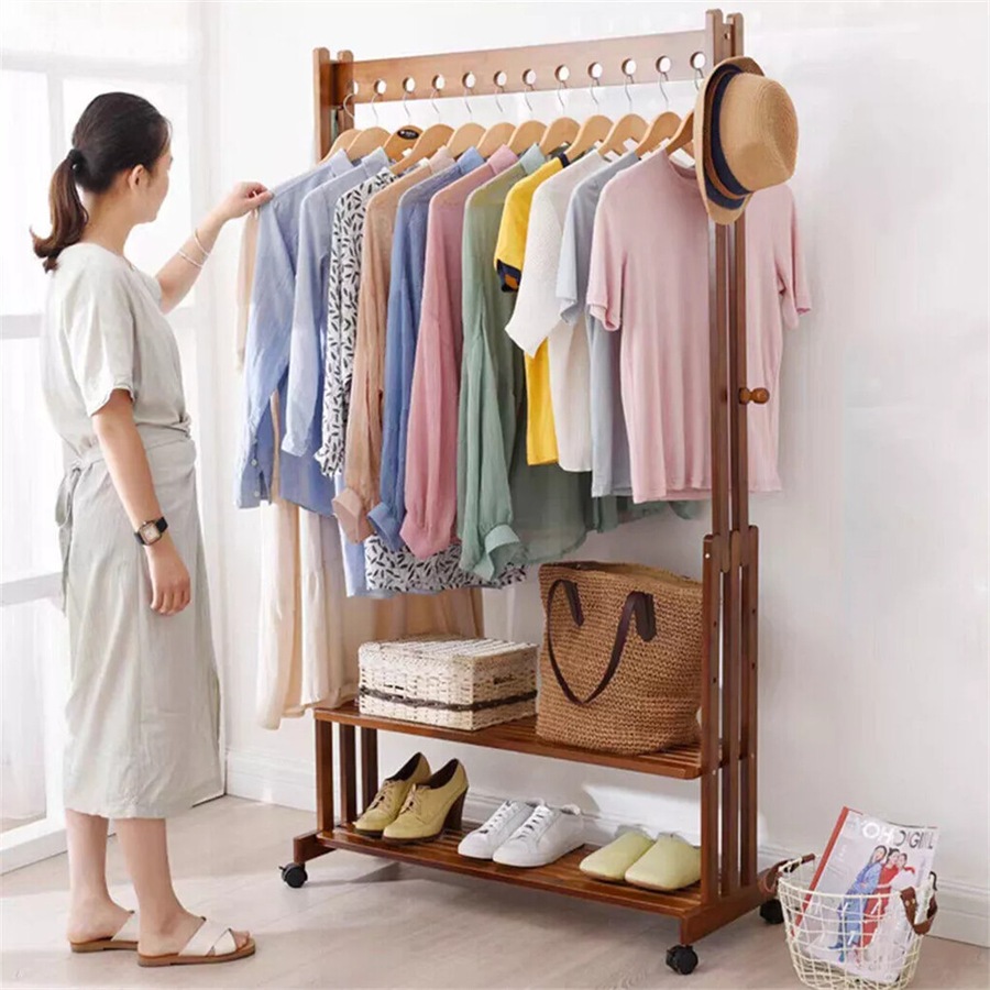 Heavy Duty Bamboo Garment Rack Retail Display Clothing Rack With Wheels and Side Hook