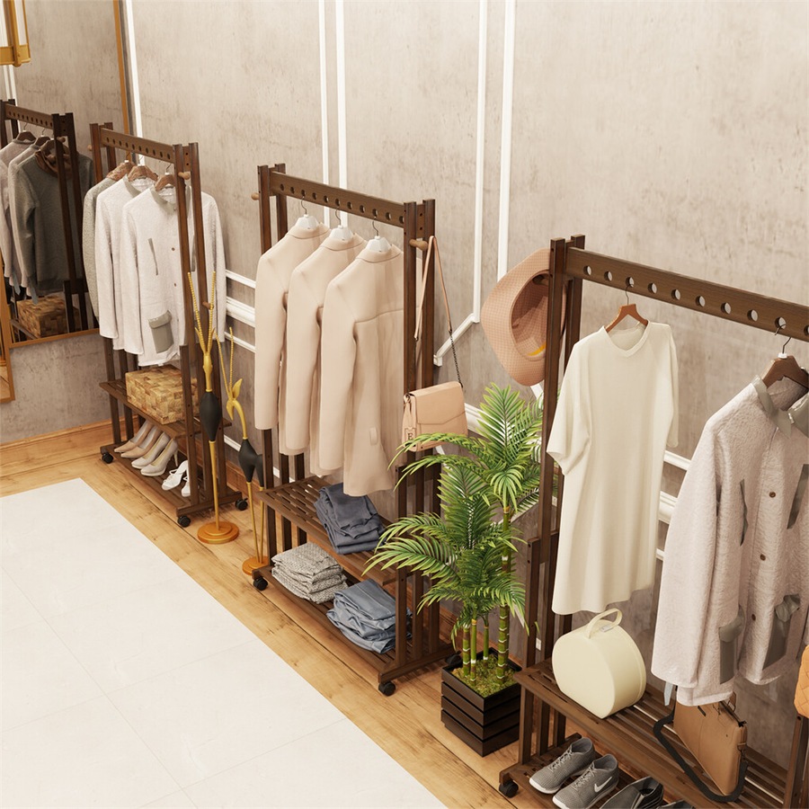 Heavy Duty Bamboo Garment Rack Retail Display Clothing Rack With Wheels and Side Hook
