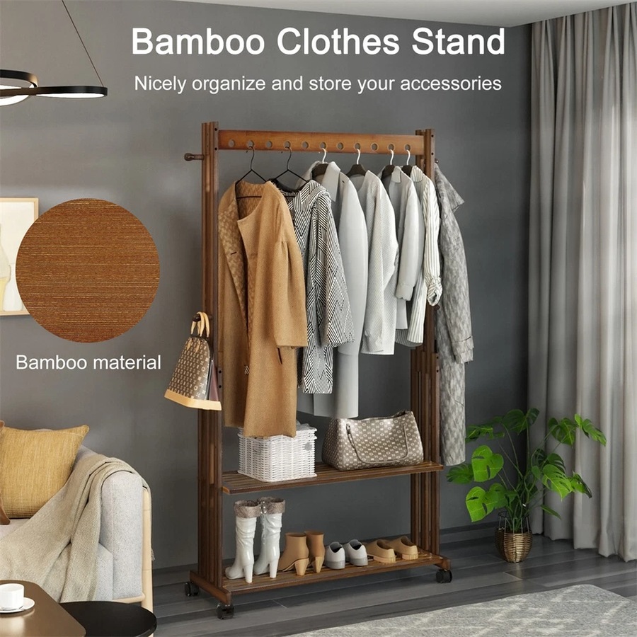 Heavy Duty Bamboo Garment Rack Retail Display Clothing Rack With Wheels and Side Hook