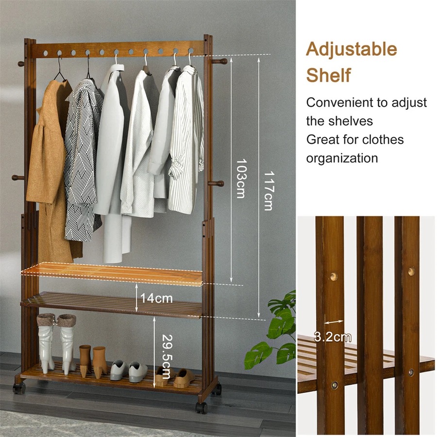Heavy Duty Bamboo Garment Rack Retail Display Clothing Rack With Wheels and Side Hook