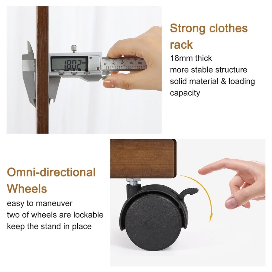 Heavy Duty Bamboo Garment Rack Retail Display Clothing Rack With Wheels and Side Hook