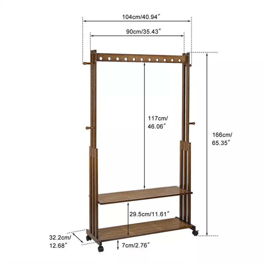Heavy Duty Bamboo Garment Rack Retail Display Clothing Rack With Wheels and Side Hook