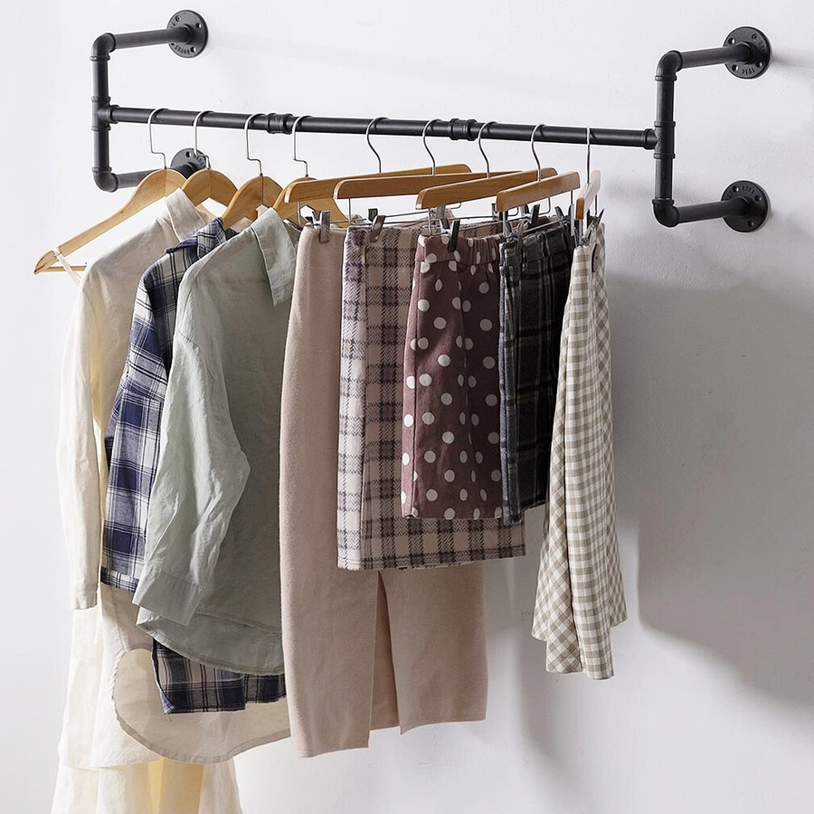 Industrial Pipe Wall Mounted Garment Rack: Heavy-Duty Support for Closet Organization, Holds up to 50KG