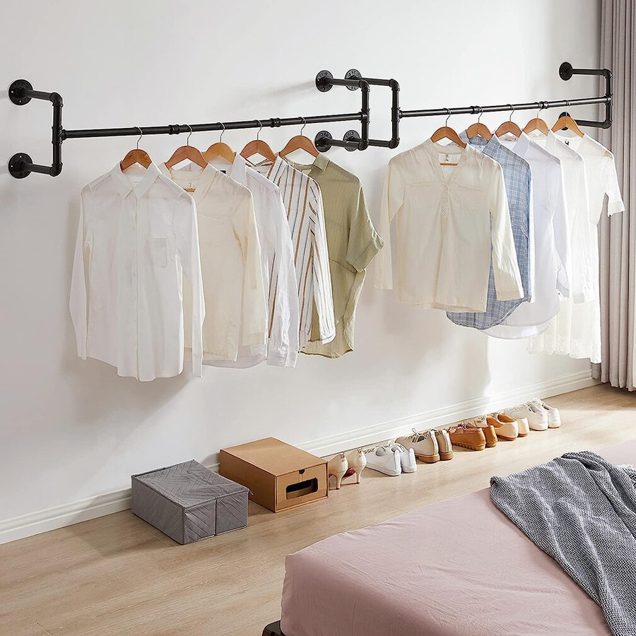 Industrial Pipe Wall Mounted Garment Rack: Heavy-Duty Support for Closet Organization, Holds up to 50KG