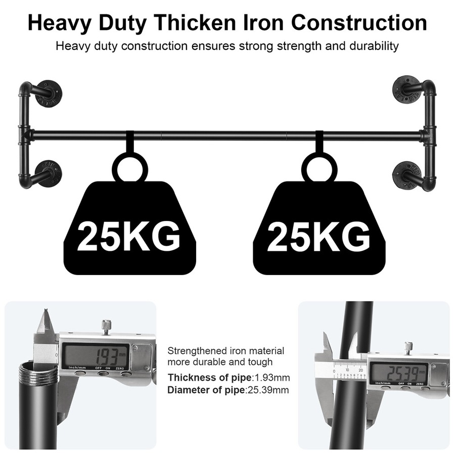 Industrial Pipe Wall Mounted Garment Rack: Heavy-Duty Support for Closet Organization, Holds up to 50KG