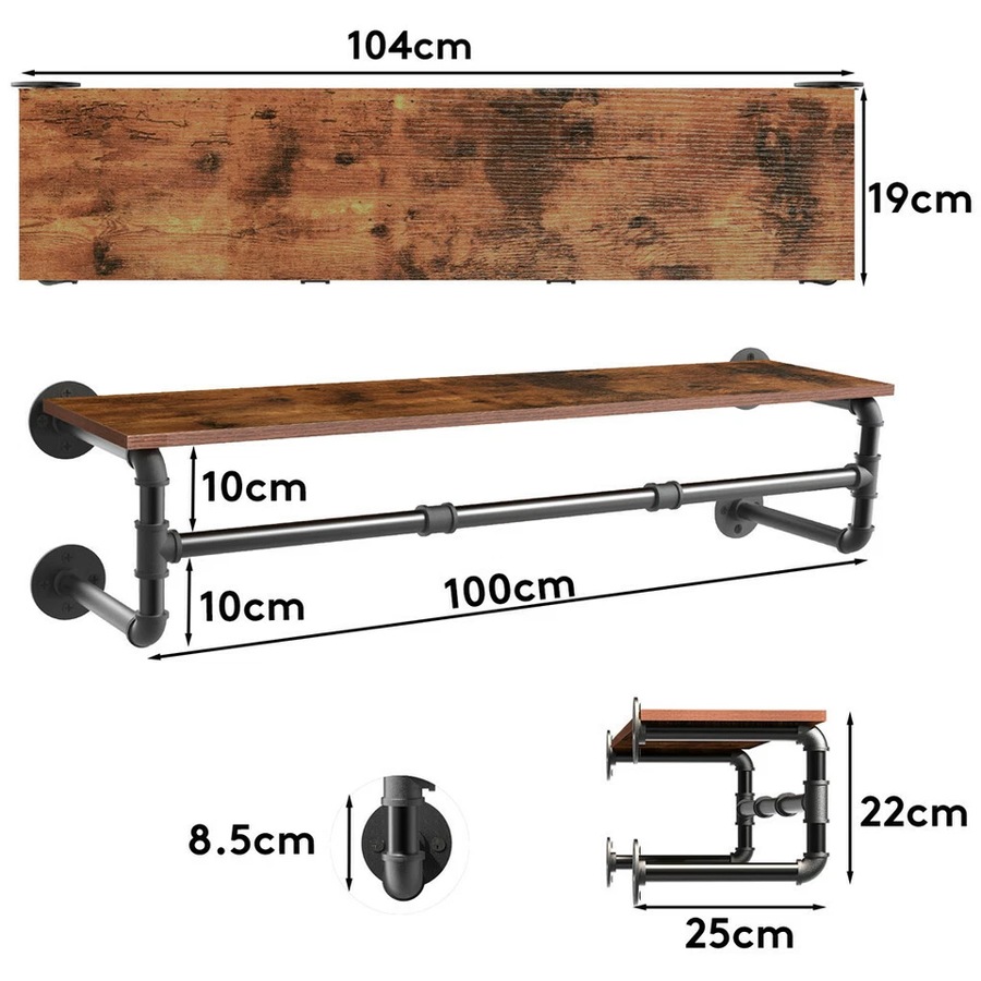 Industrial Pipe Wall Mounted Garment Rack with Top Shelf Hanging Clothes Rack