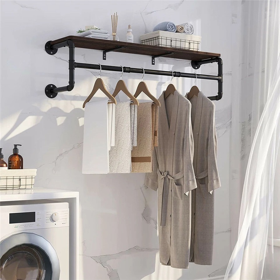 Industrial Pipe Wall Mounted Garment Rack with Top Shelf Hanging Clothes Rack