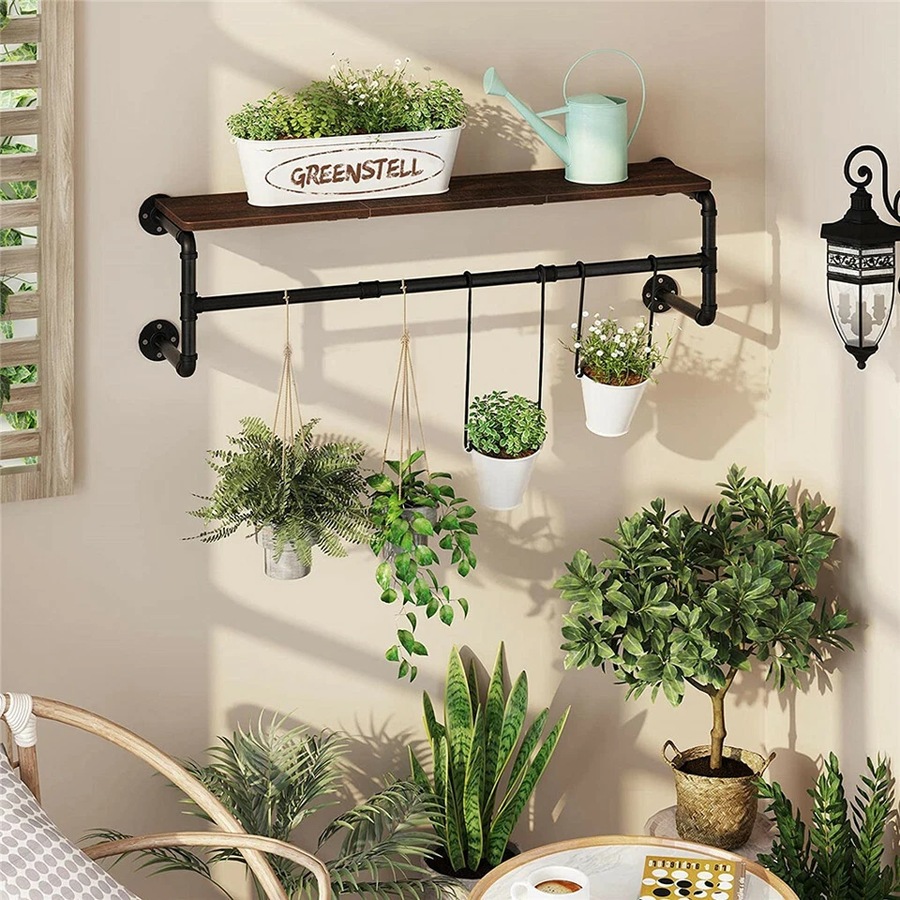 Industrial Pipe Wall Mounted Garment Rack with Top Shelf Hanging Clothes Rack