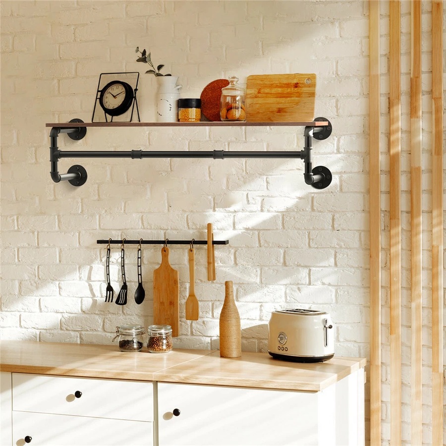 Industrial Pipe Wall Mounted Garment Rack with Top Shelf Hanging Clothes Rack