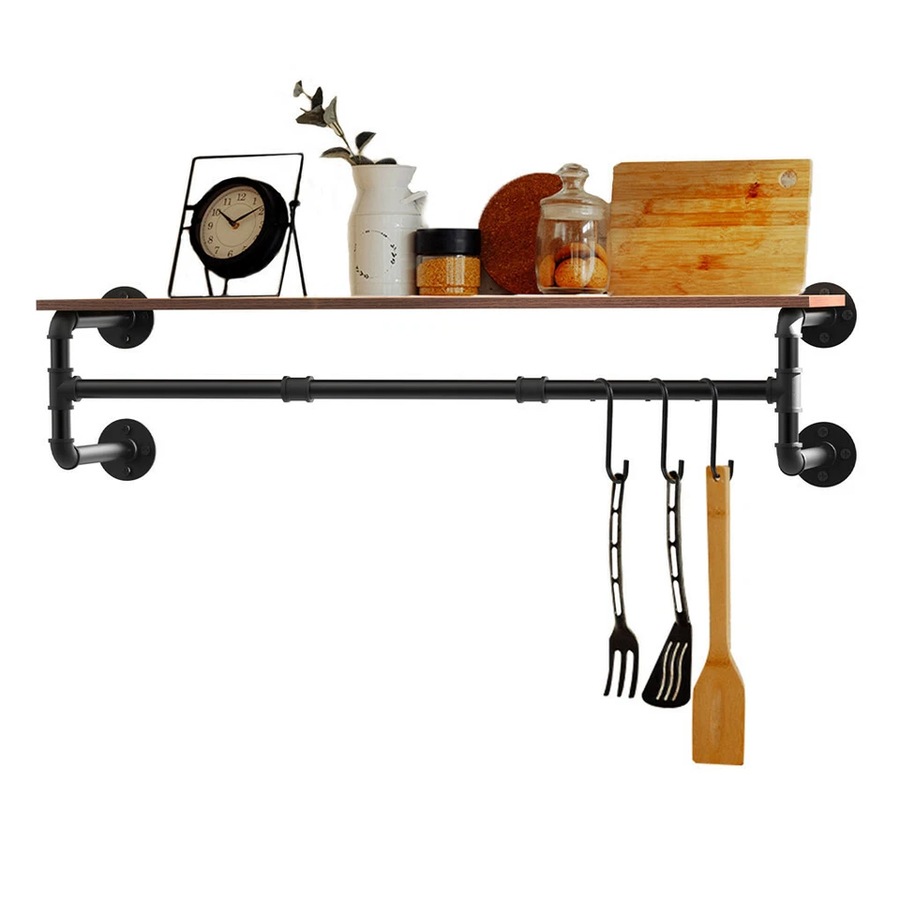 Industrial Pipe Wall Mounted Garment Rack with Top Shelf Hanging Clothes Rack