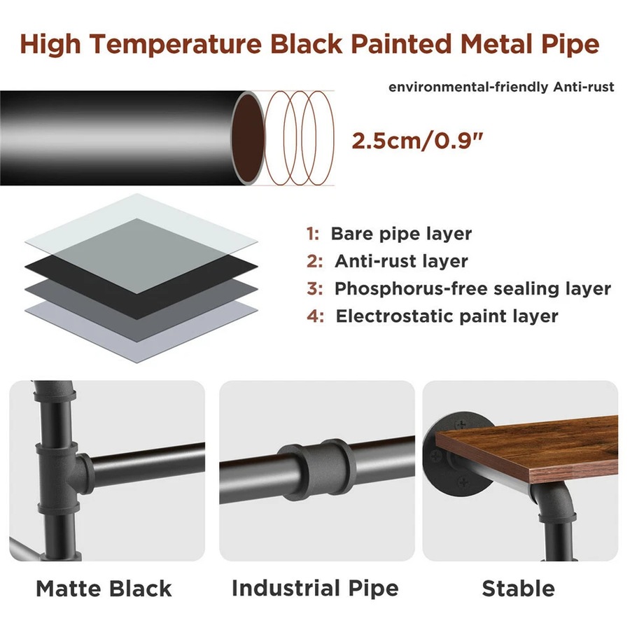 Industrial Pipe Wall Mounted Garment Rack with Top Shelf Hanging Clothes Rack