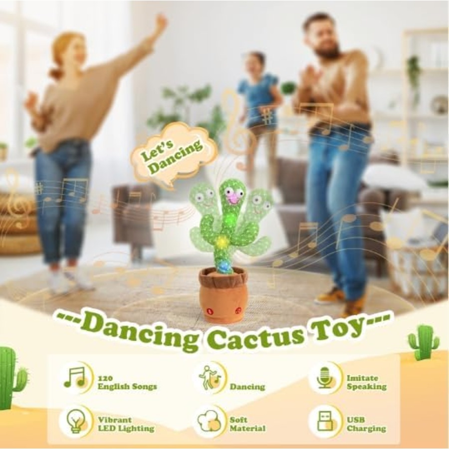 Interactive Dancing & Talking Cactus Toy - Mimics Sounds, Plays Songs, USB Rechargeable, LED Plush Baby Gift