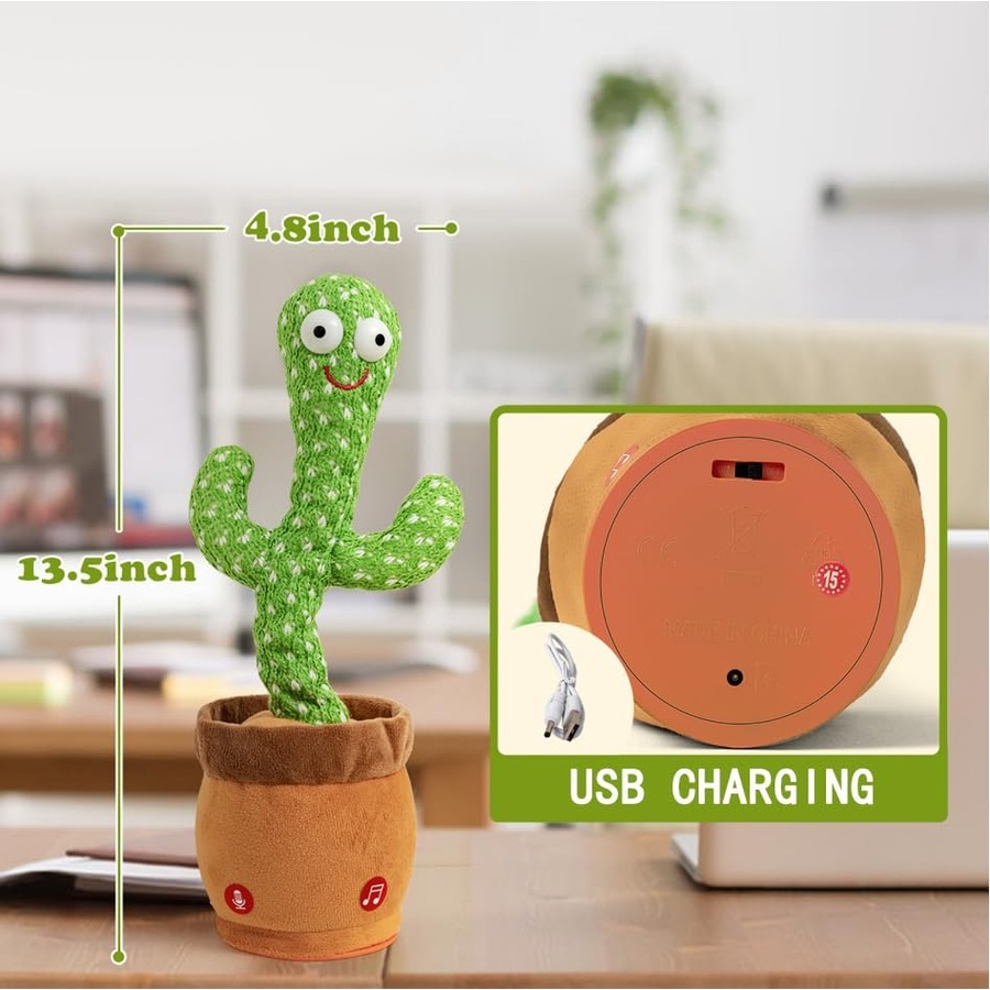 Interactive Dancing & Talking Cactus Toy - Mimics Sounds, Plays Songs, USB Rechargeable, LED Plush Baby Gift