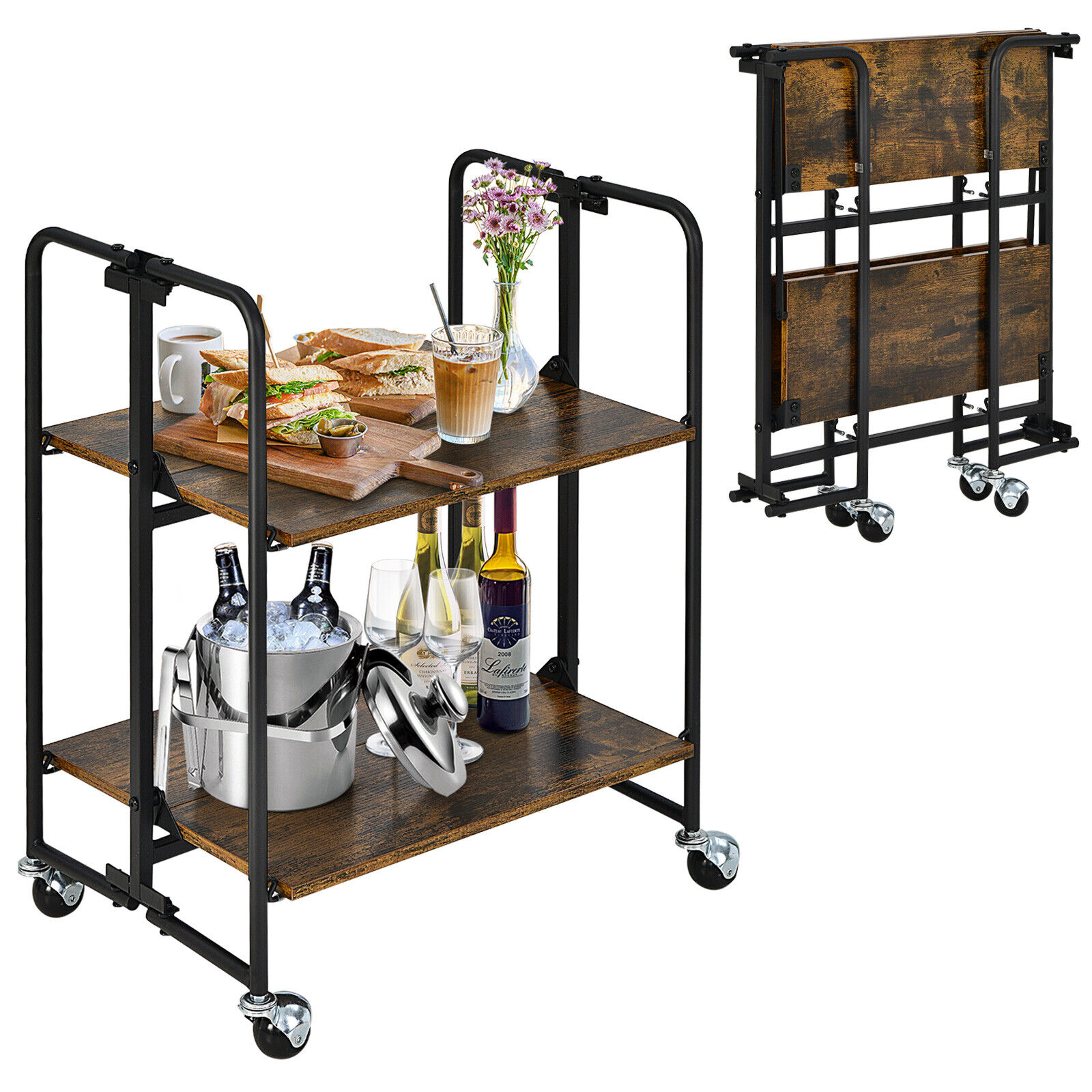 Buy Kicthen Trolley Cart 2-Tier Folding Serving Cart Rack Mobile ...