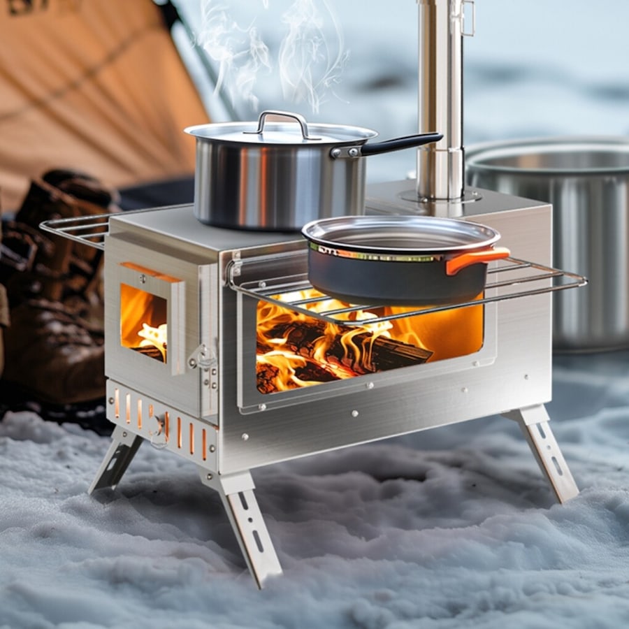FIN Large Portable Camping Wood Stove Stainless Steel Hot Tent Stove w/ Chimney Pipe