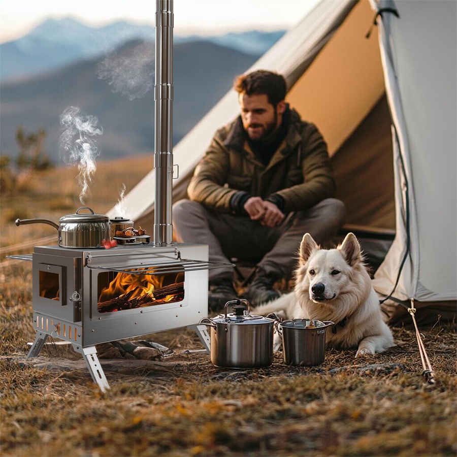 FIN Large Portable Camping Wood Stove Stainless Steel Hot Tent Stove w/ Chimney Pipe