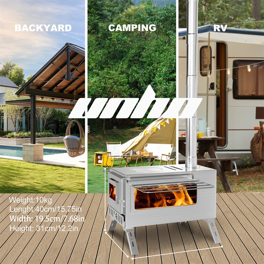 FIN Large Portable Camping Wood Stove Stainless Steel Hot Tent Stove w/ Chimney Pipe